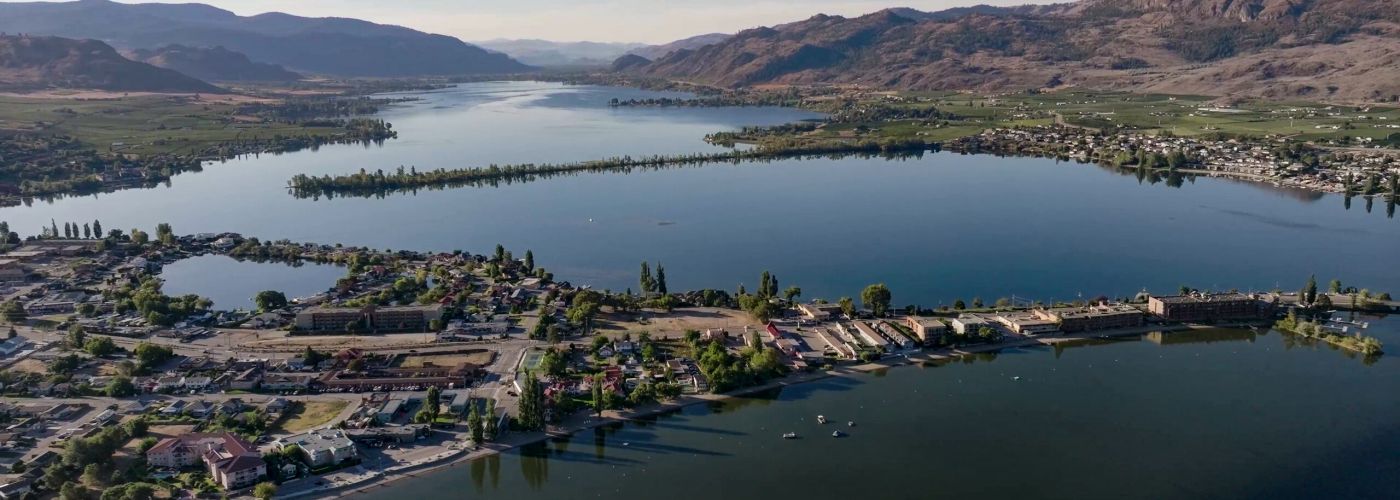 Aerial shot of Osoyoos Lake facing South.