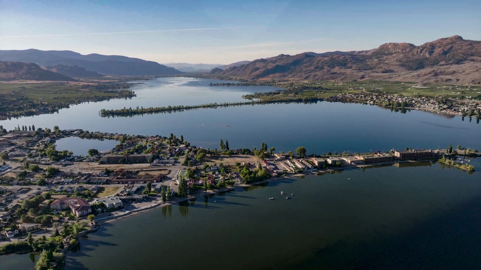 Aerial shot of Osoyoos Lake facing South.
